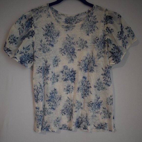 Women's Loft Short Sleeve Shirt Blue Floral and White Size Medium - Picture 1 of 4